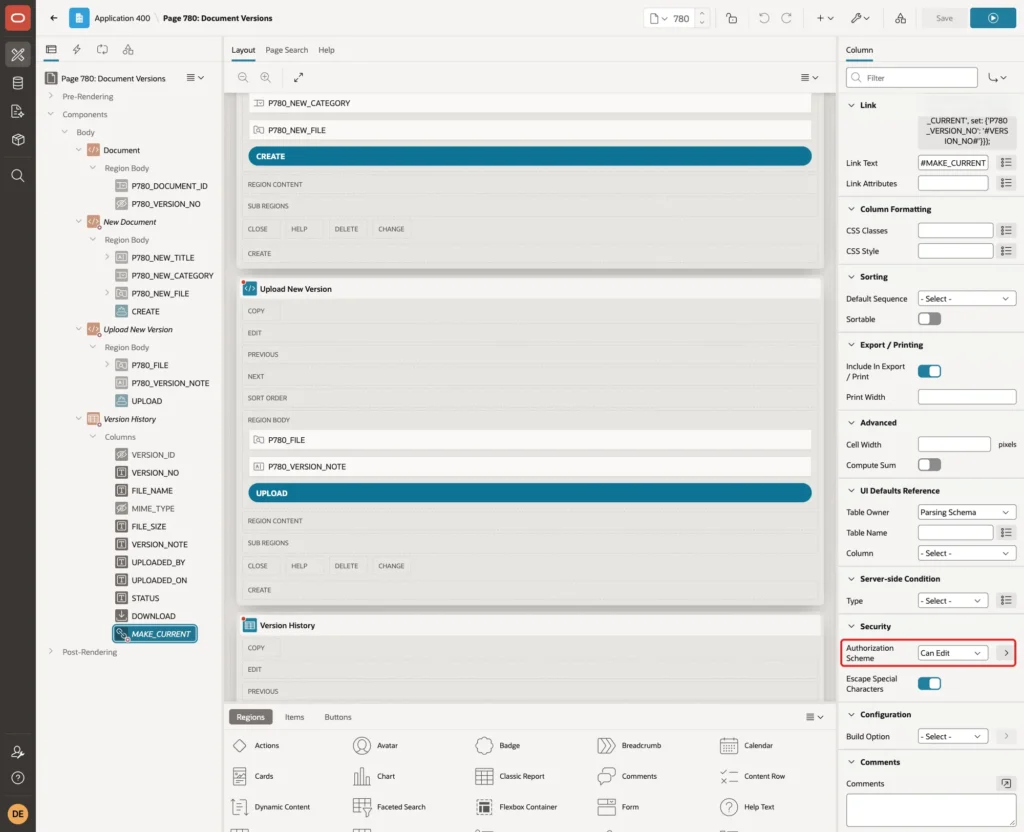 Column MAKE_CURRENT Security Authorization Scheme Can Edit marked with a red box