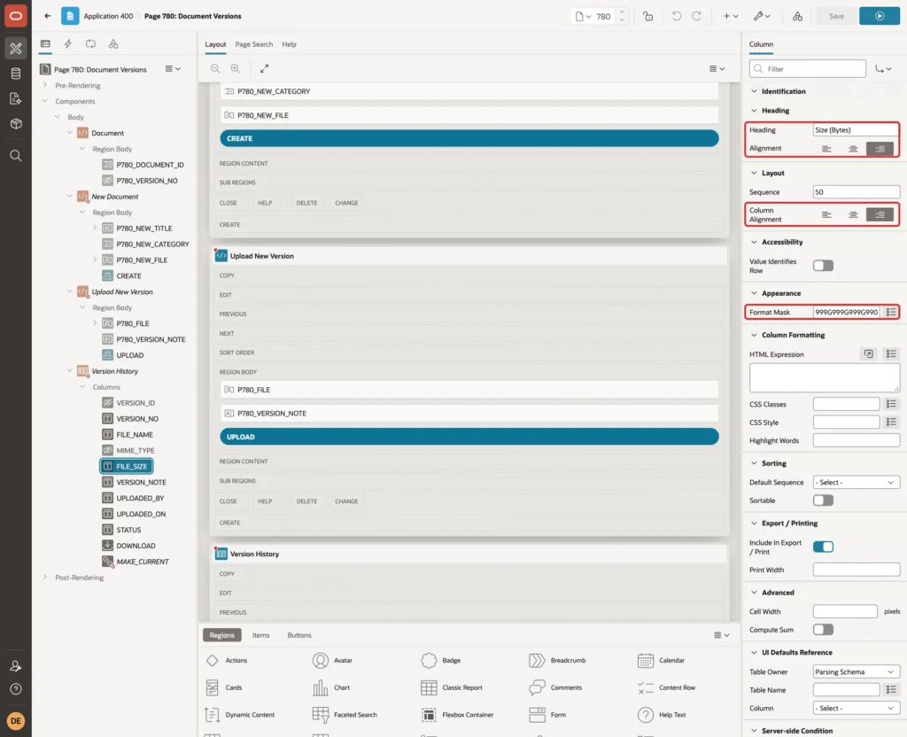Column FILE_SIZE with Heading Size (Bytes), end alignment and Format Mask 999G999G999G990 marked with red boxes