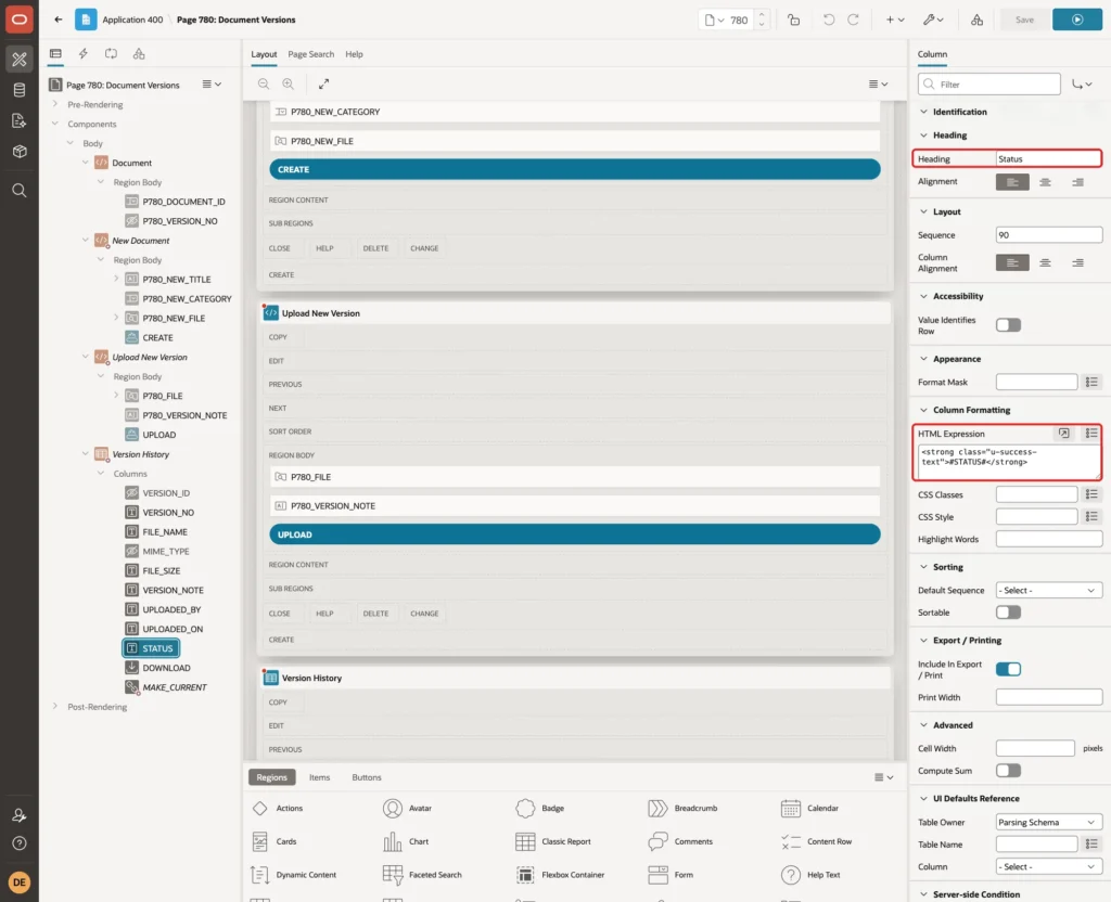 Column STATUS with Heading Status and the HTML Expression marked with red boxes