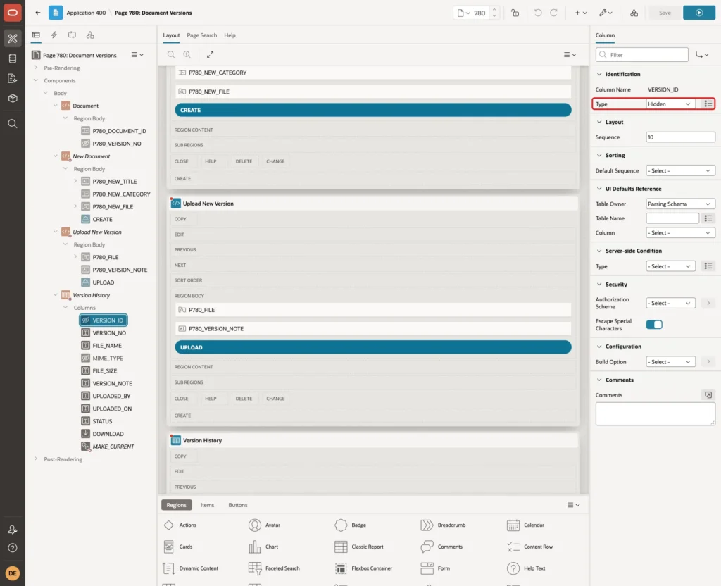 Column VERSION_ID with Type Hidden marked with a red box