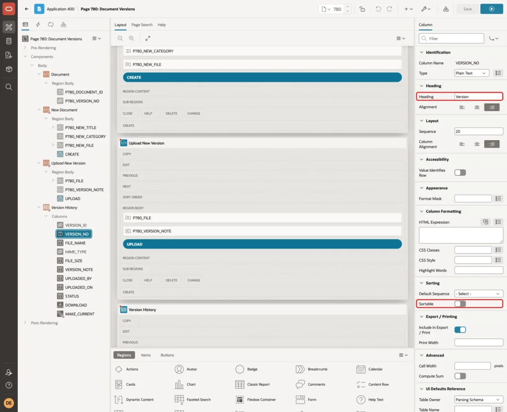 Column VERSION_NO with Heading Version and Sortable off marked with red boxes