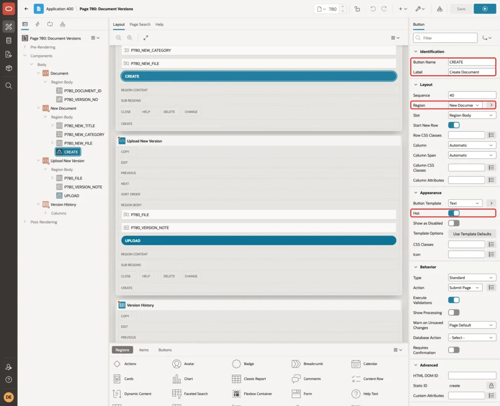 Button CREATE with Label Create Document, Region New Document and Hot on marked with red boxes