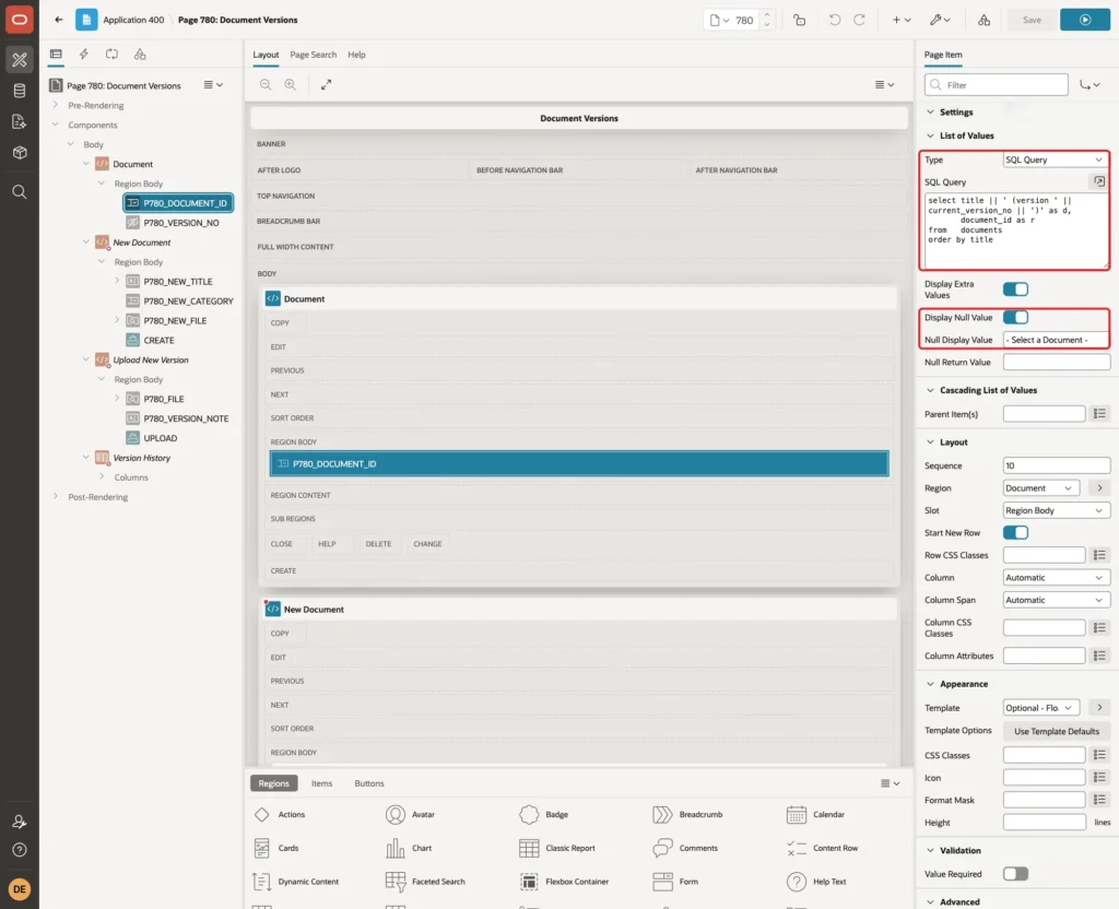 List of Values of P780_DOCUMENT_ID with Type SQL Query, the query, Display Null Value on and Null Display Value - Select a Document - marked with red boxes
