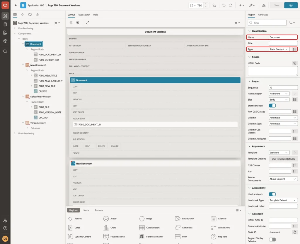 Page Designer with region Document, Type Static Content marked with red boxes