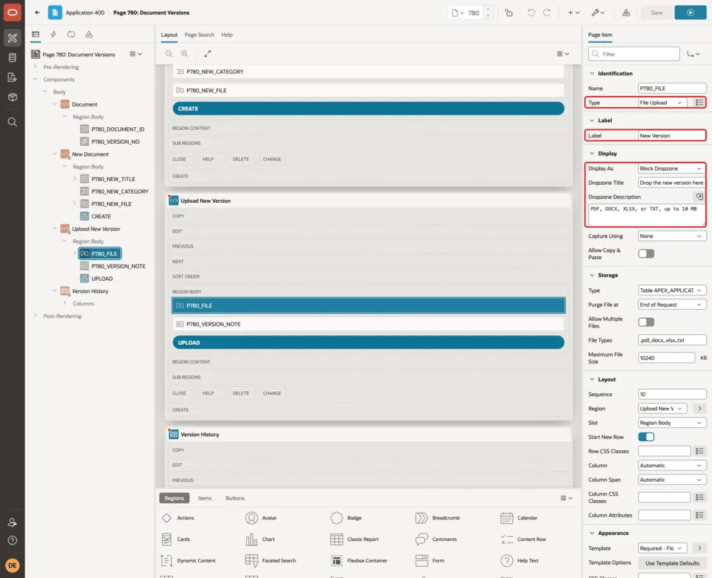 Page item P780_FILE with Type File Upload, Label New Version, Display As Block Dropzone, Dropzone Title and Description marked with red boxes