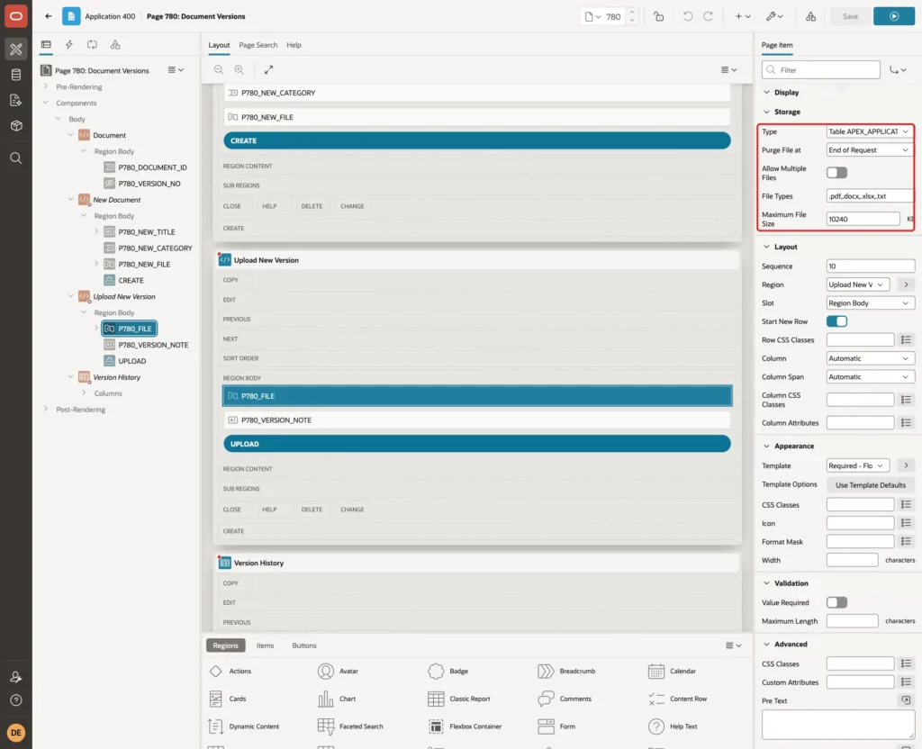 Storage group of P780_FILE with Type Table APEX_APPLICATION_TEMP_FILES, Purge File at End of Request, Allow Multiple Files off, File Types and Maximum File Size 10240 marked with a red box