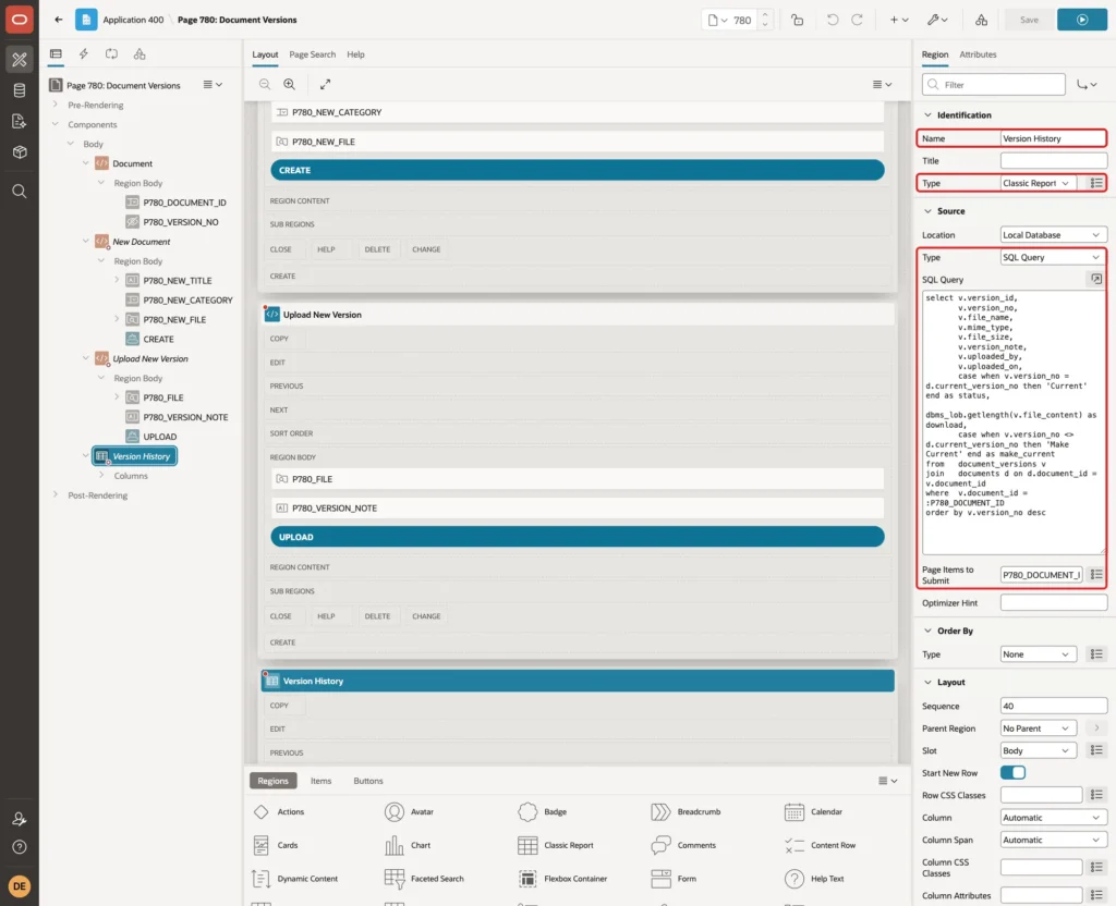 Region Version History with Type Classic Report, the SQL query and Page Items to Submit P780_DOCUMENT_ID marked with red boxes