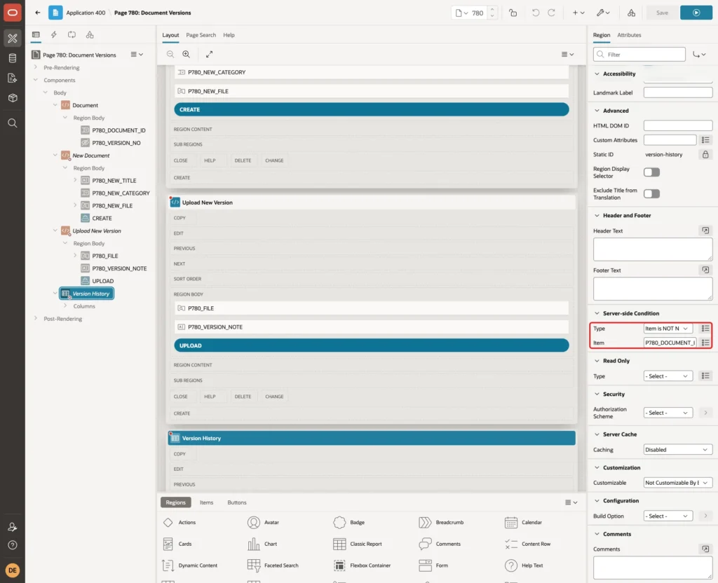 Version History Server-side Condition Item is NOT NULL P780_DOCUMENT_ID marked with a red box