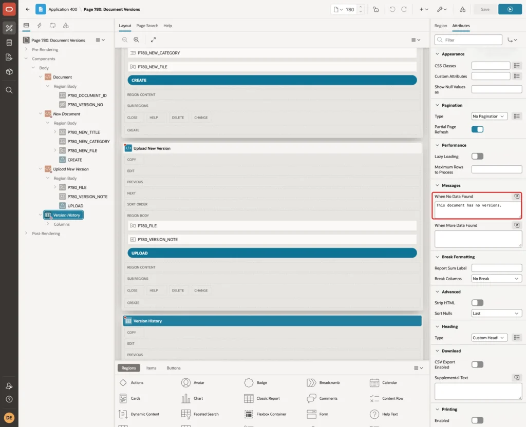 Version History Attributes with When No Data Found message marked with a red box