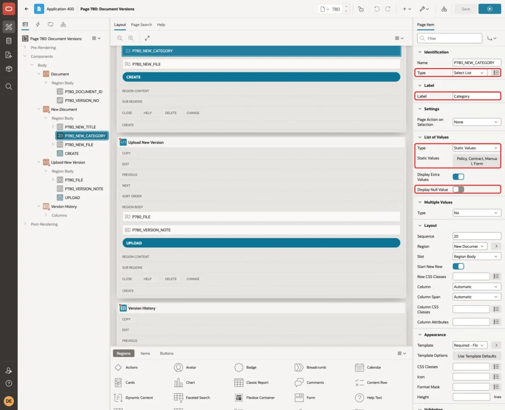 Page item P780_NEW_CATEGORY with Type Select List, Label Category, Static Values and Display Null Value off marked with red boxes