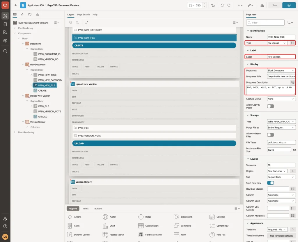Page item P780_NEW_FILE with Type File Upload, Label First Version, Display As Block Dropzone, Dropzone Title and Dropzone Description marked with red boxes