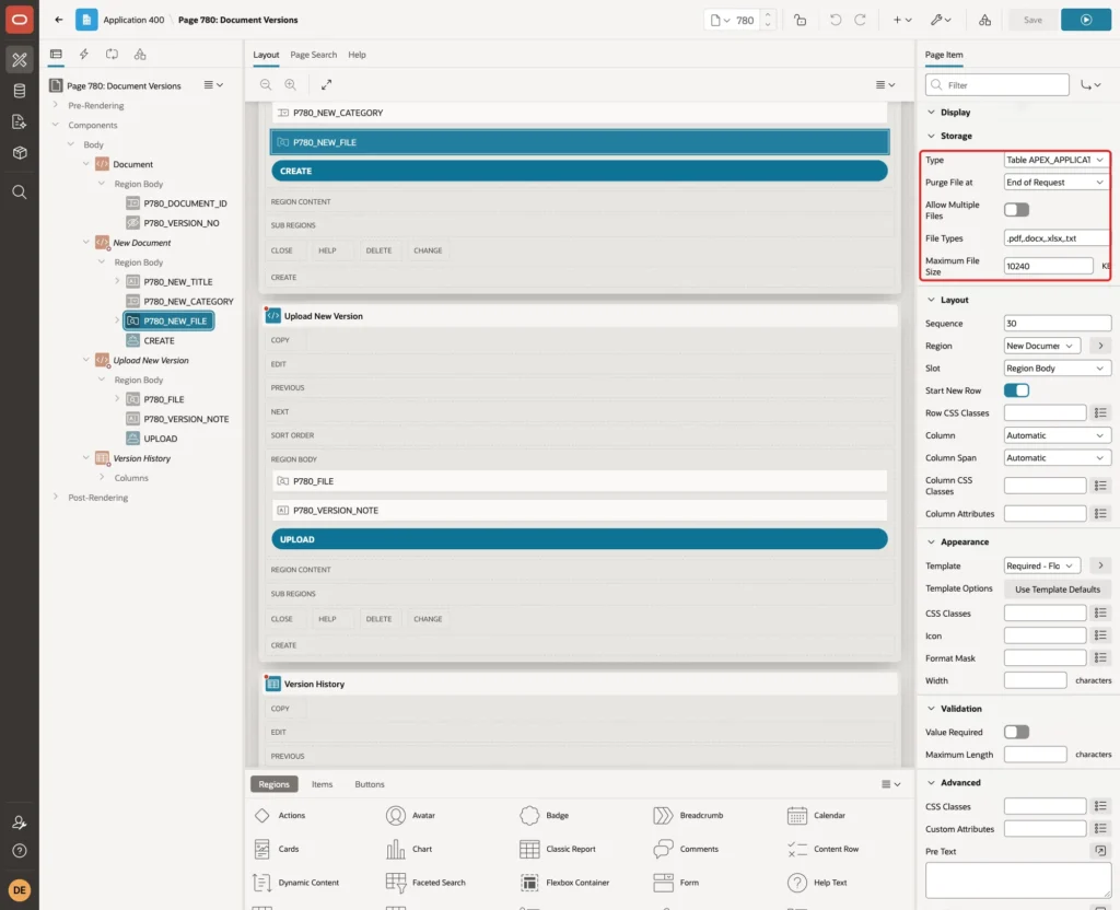 Storage group of P780_NEW_FILE with Type Table APEX_APPLICATION_TEMP_FILES, Purge File at End of Request, Allow Multiple Files off, File Types and Maximum File Size 10240 marked with a red box