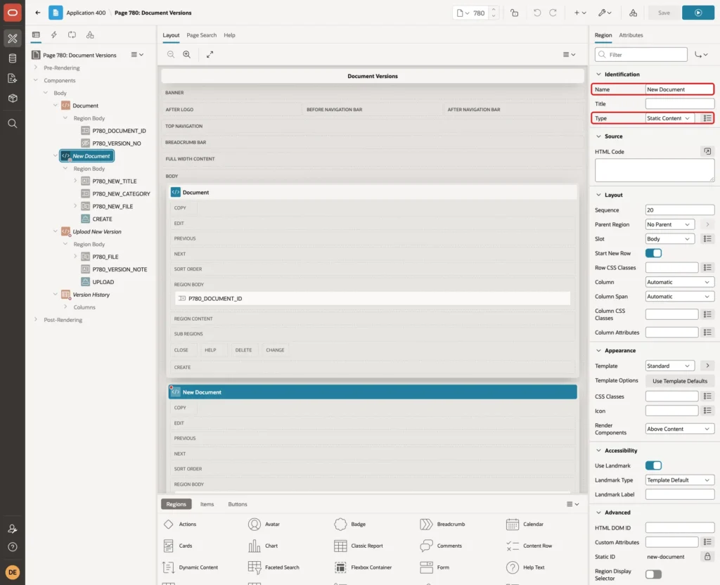 Region New Document with Type Static Content marked with red boxes