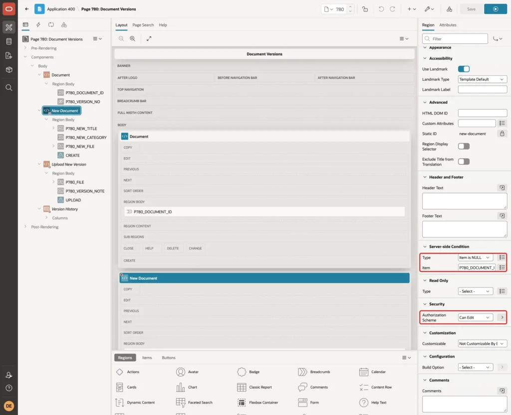 Region New Document with Server-side Condition Item is NULL P780_DOCUMENT_ID and Authorization Scheme Can Edit marked with red boxes