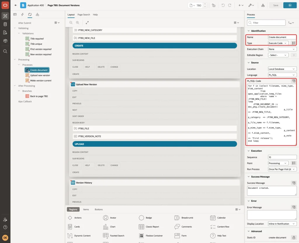 Process Create document with Type Execute Code and the PL/SQL code marked with red boxes