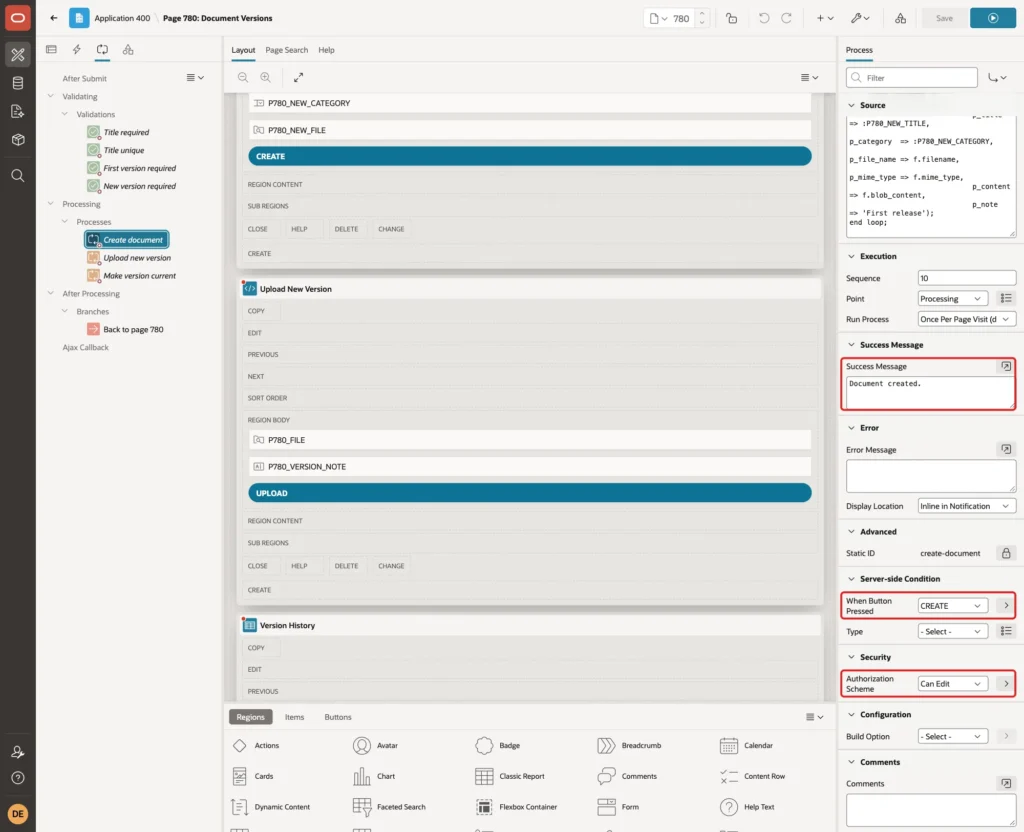 Process Create document with Success Message Document created., When Button Pressed CREATE and Authorization Scheme Can Edit marked with red boxes