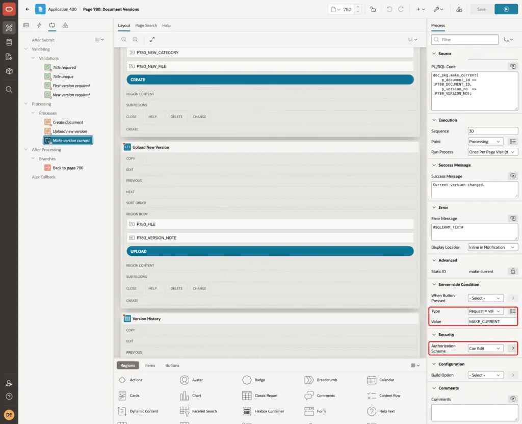Process Make version current with Server-side Condition Request = Value MAKE_CURRENT and Authorization Scheme Can Edit marked with red boxes
