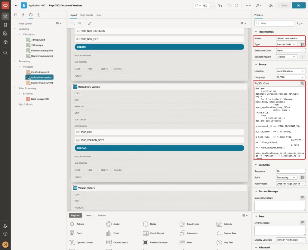 Process Upload new version with Type Execute Code and the PL/SQL code marked with red boxes