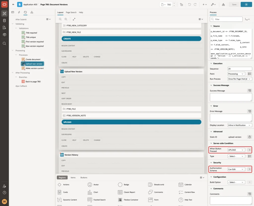 Process Upload new version with When Button Pressed UPLOAD and Authorization Scheme Can Edit marked with red boxes
