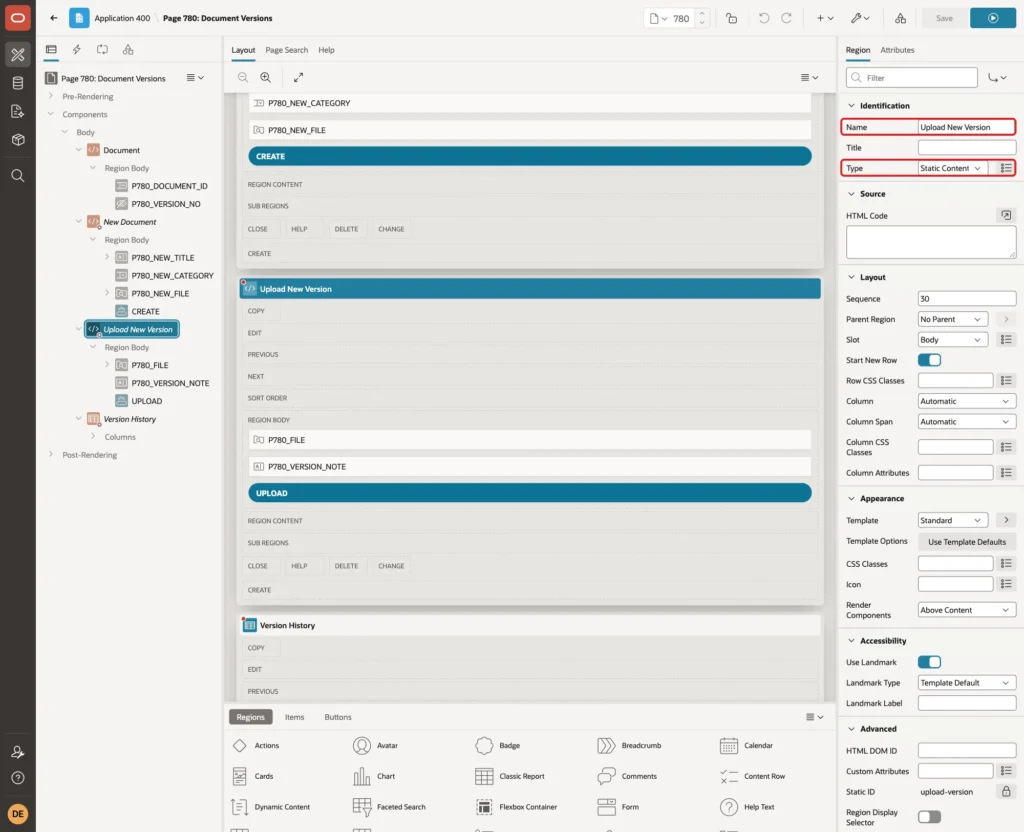 Region Upload New Version with Type Static Content marked with red boxes