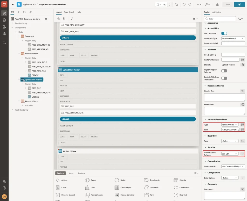 Region Upload New Version with Server-side Condition Item is NOT NULL P780_DOCUMENT_ID and Authorization Scheme Can Edit marked with red boxes