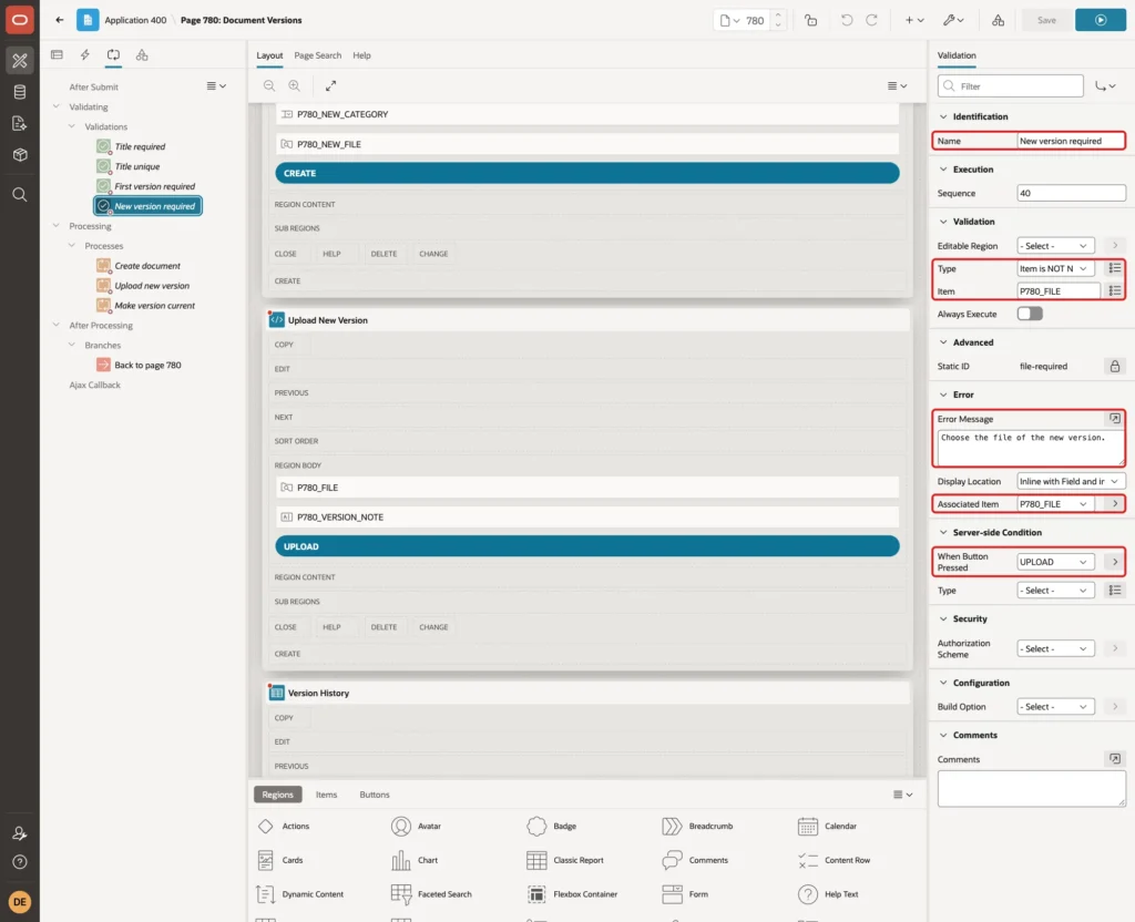 Validation New version required with Type Item is NOT NULL, Item P780_FILE, Error Message, Associated Item and When Button Pressed UPLOAD marked with red boxes