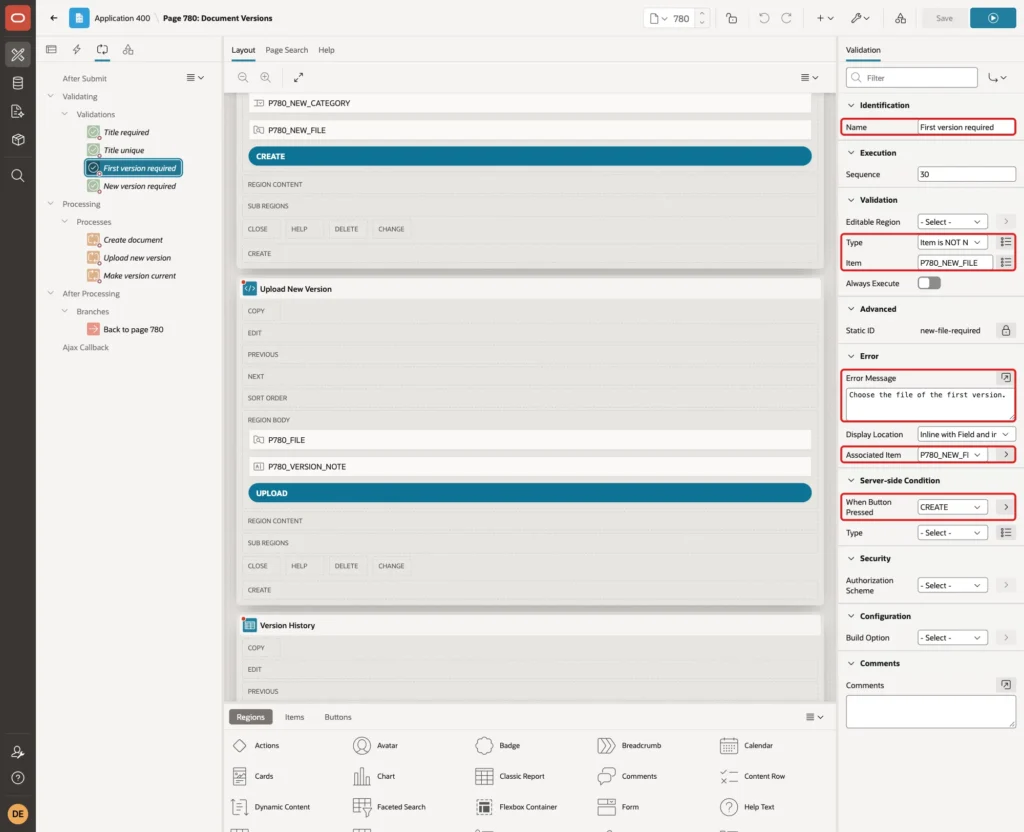 Validation First version required with Type Item is NOT NULL, Item P780_NEW_FILE, Error Message, Associated Item and When Button Pressed CREATE marked with red boxes