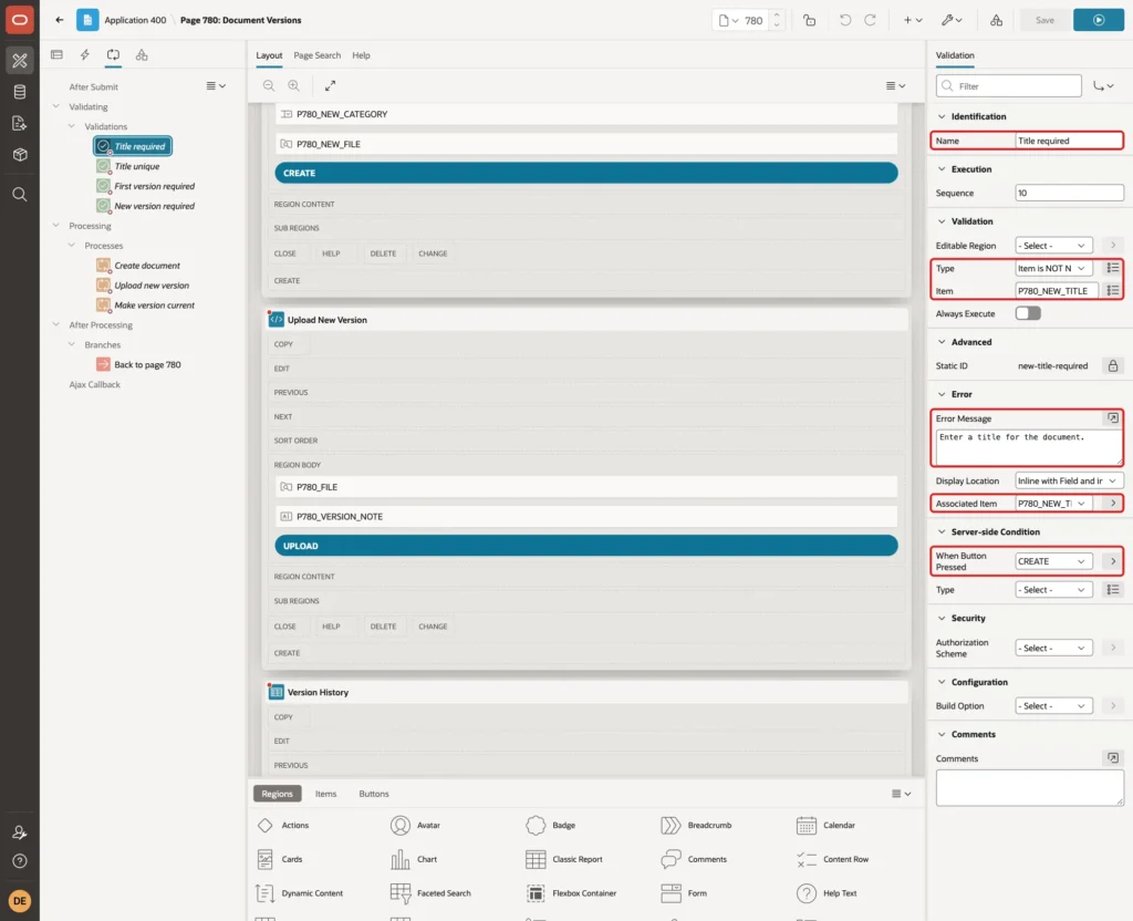 Validation Title required with Type Item is NOT NULL, Item P780_NEW_TITLE, Error Message, Associated Item and When Button Pressed CREATE marked with red boxes