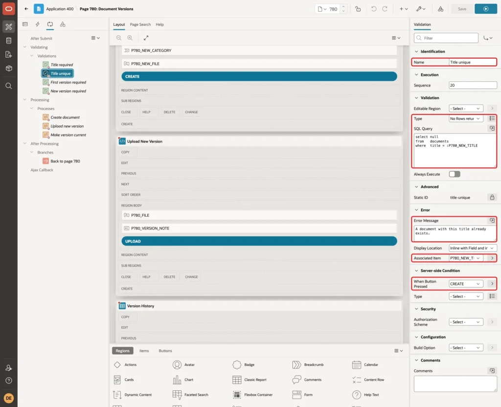Validation Title unique with Type No Rows Returned, the SQL query, Error Message, Associated Item and When Button Pressed CREATE marked with red boxes