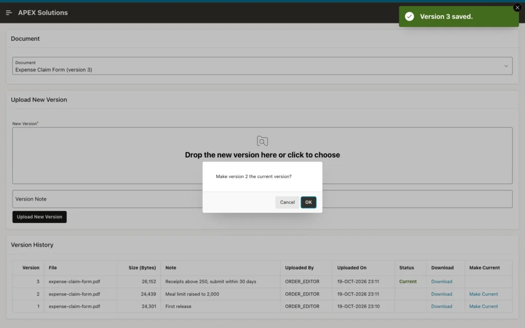 Confirmation dialog Make version 2 the current version? with Cancel and OK