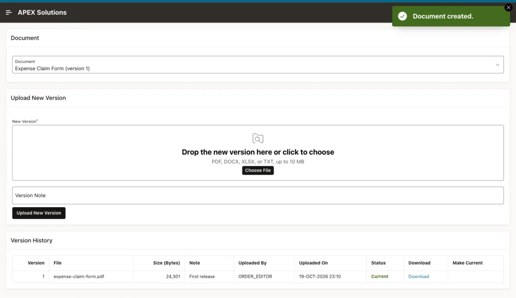 Document Versions page with Expense Claim Form (version 1) selected, the upload region and version 1 marked Current
