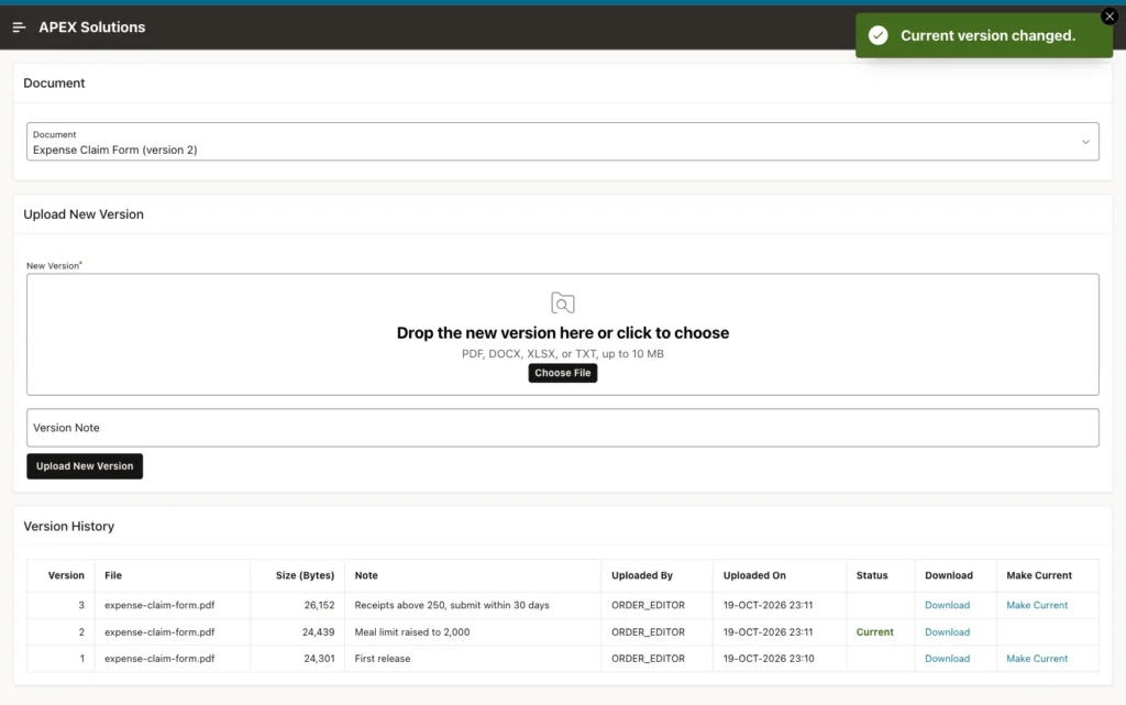 Version History with version 2 Current and success message Current version changed.
