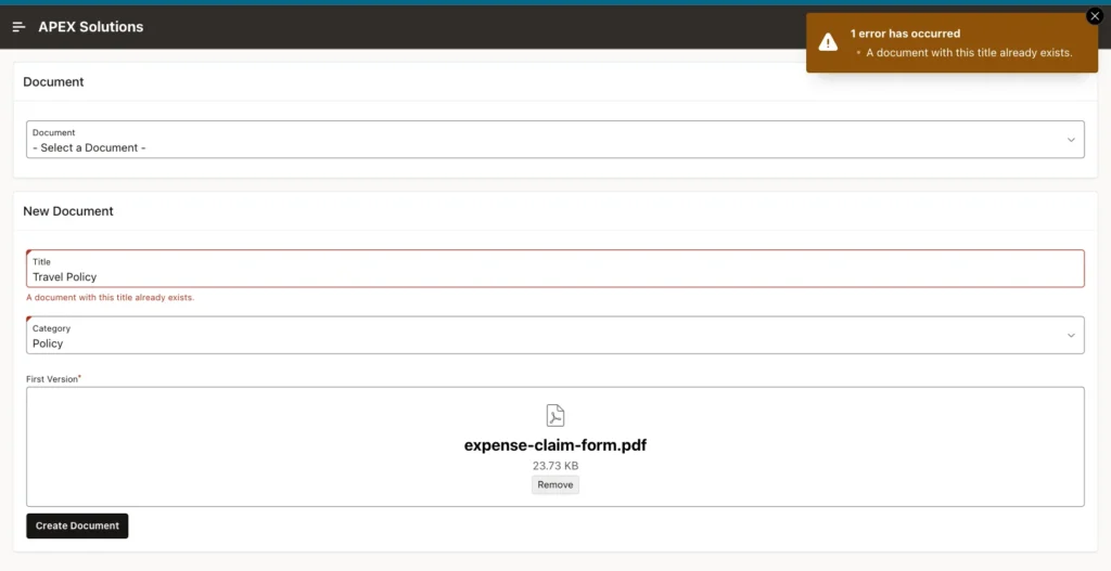 New Document region with Title Travel Policy and the error A document with this title already exists.