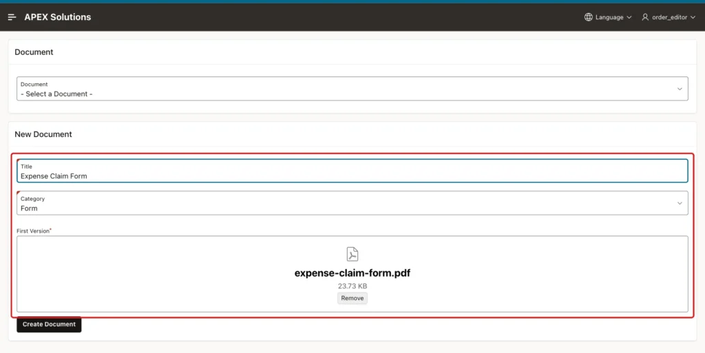 New Document region with Title Expense Claim Form, Category Form and the file expense-claim-form.pdf marked with a red box