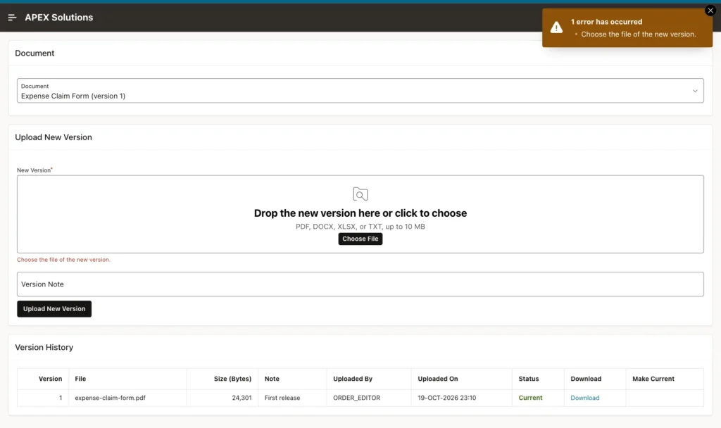 Upload New Version region with the error Choose the file of the new version.
