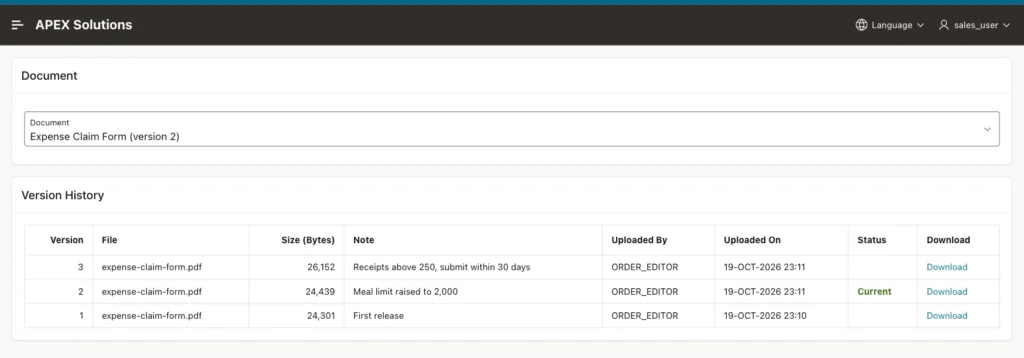Document Versions page for SALES_USER with only the Document region and the Version History without the Make Current column