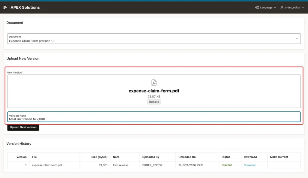 Upload New Version region with the file expense-claim-form.pdf and Version Note Meal limit raised to 2,000 marked with a red box