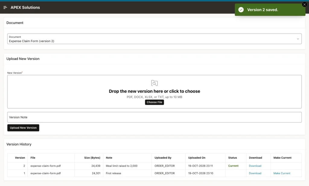 Version History with version 2 Current and version 1 still listed, success message Version 2 saved.