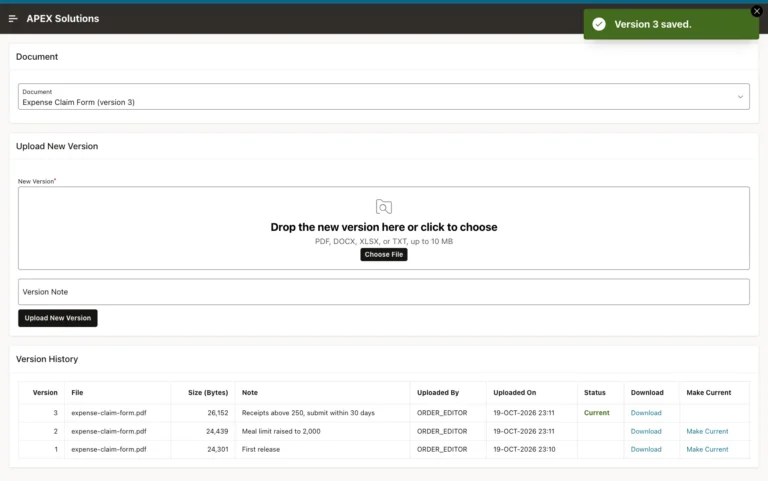 Version History with versions 3, 2 and 1, version 3 Current, success message Version 3 saved.