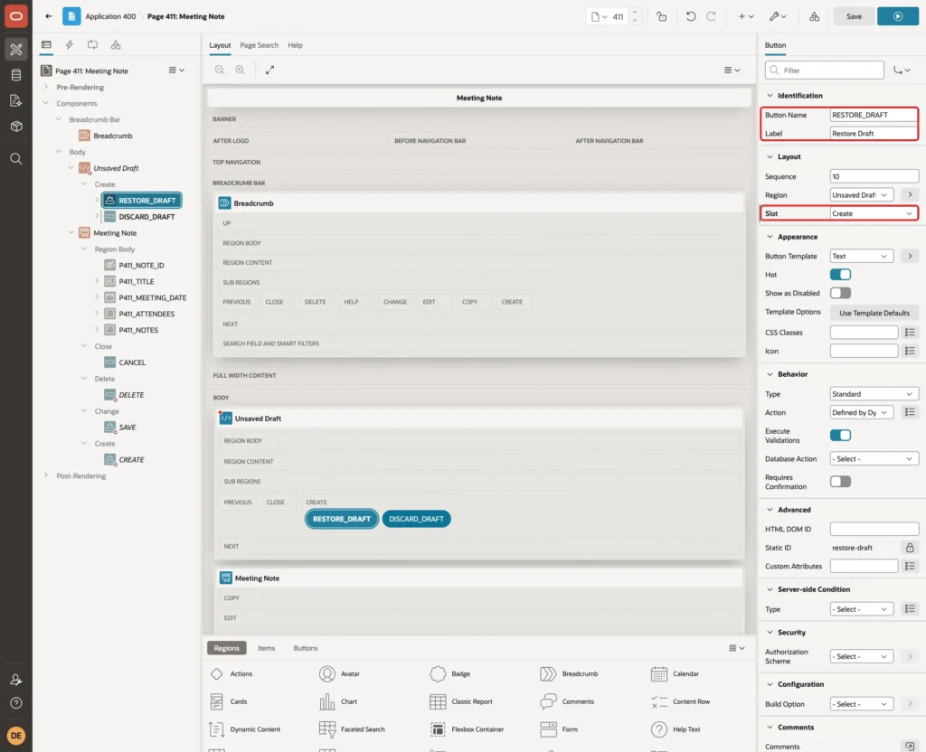 Button properties with Button Name RESTORE_DRAFT, Label Restore Draft and Slot Create marked with red boxes
