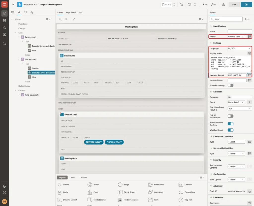 Execute Server-side Code action with the DELETE statement and Items to Submit P411_NOTE_ID marked with red boxes