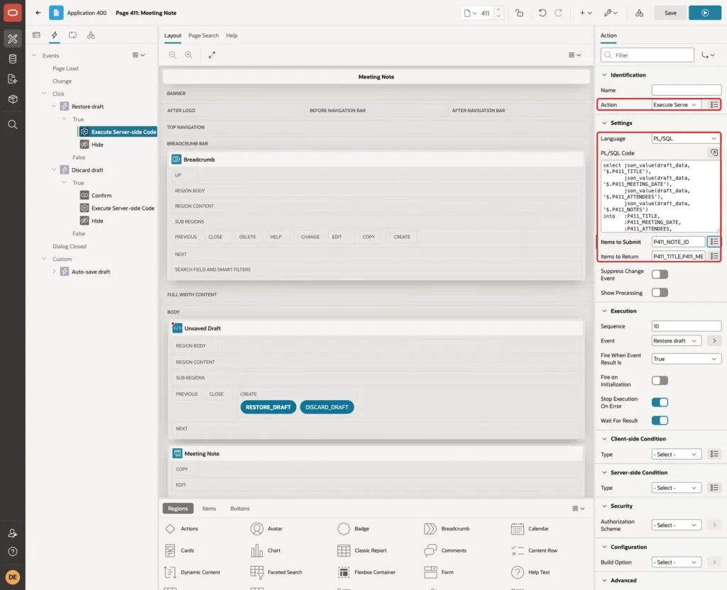 Action properties with Execute Server-side Code, the restore query, Items to Submit P411_NOTE_ID and Items to Return marked with red boxes