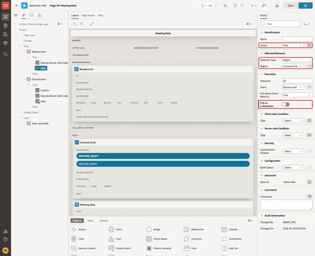Hide action with Selection Type Region, Region Unsaved Draft and Fire on Initialization off marked with red boxes