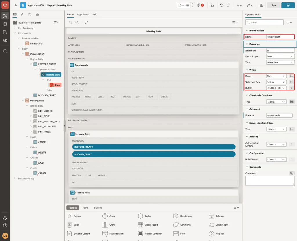 Dynamic Action properties with Name Restore draft and Event Click on button RESTORE_DRAFT marked with red boxes