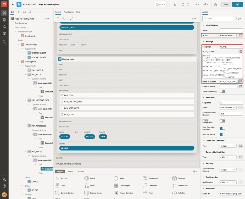 Action properties with Action Execute Server-side Code, Language PL/SQL, the PL/SQL Code and Items to Submit marked with red boxes