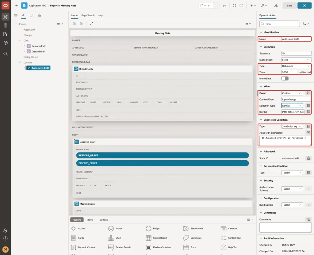 Dynamic Action properties with Name, Execution Type Debounce and Time 2000, Event Custom with Custom Event input change, the items, and the client-side JavaScript expression marked with red boxes