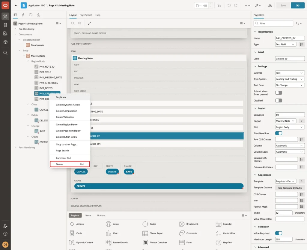 Page Designer with the context menu of P411_CREATED_BY and the Delete entry marked with a red box