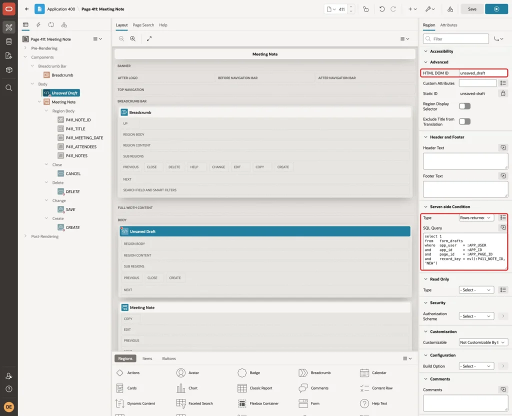 Advanced and Server-side Condition groups with HTML DOM ID unsaved_draft, Type Rows returned and the SQL Query marked with red boxes