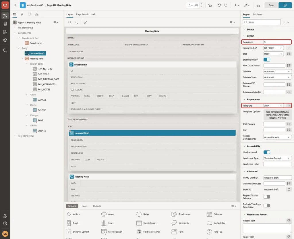 Layout and Appearance groups with Sequence 5 and Template Alert marked with red boxes