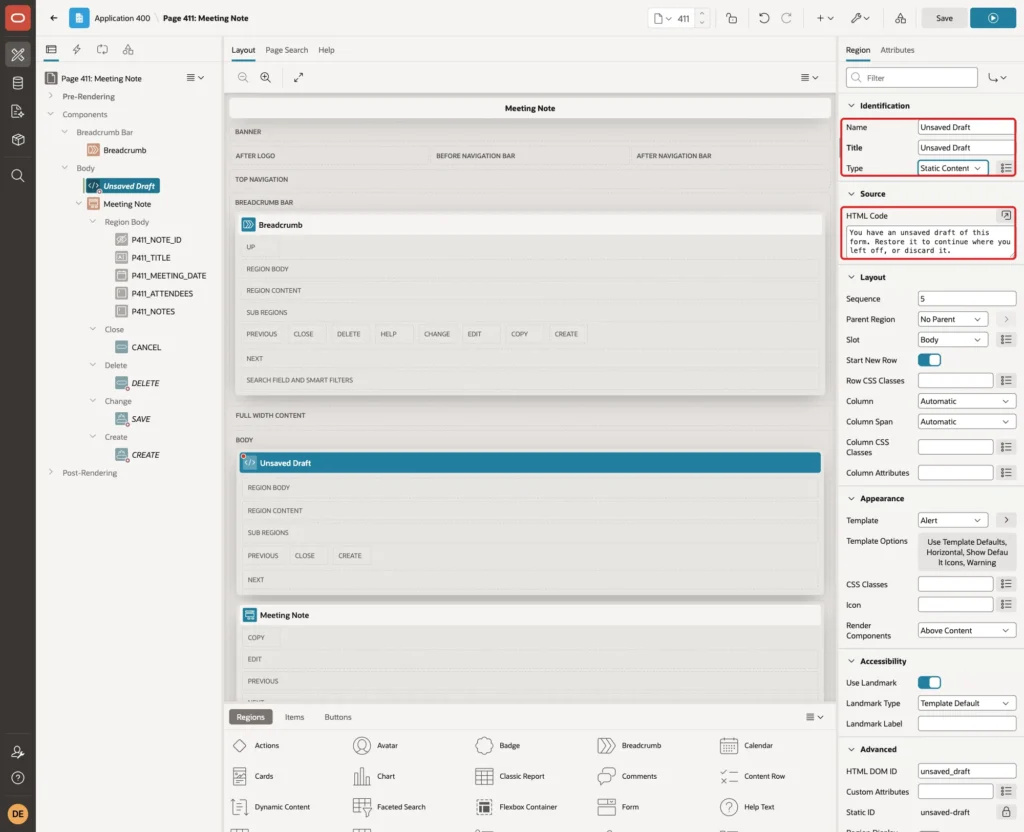 Region properties with Name and Title Unsaved Draft, Type Static Content and the HTML Code text marked with red boxes